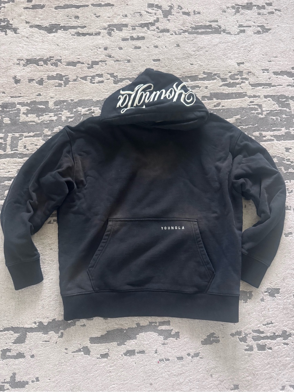 YoungLA Black Pullover Hoodie with Script Neck Label